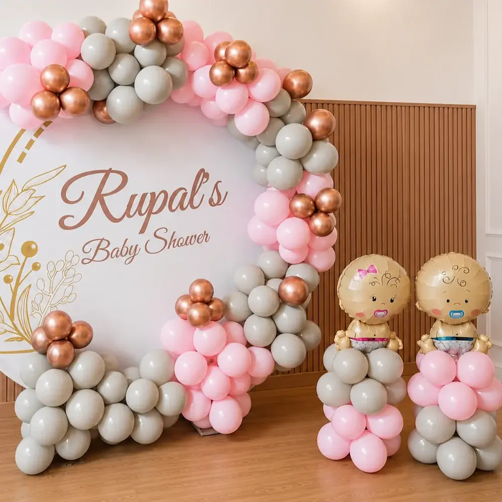 Premium Baby Shower Balloon Decoration with Pink & Grey Round Backdrop — photo 2