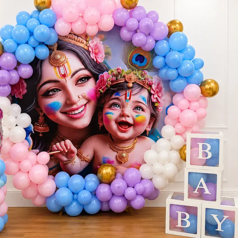 Krishna Theme Baby Shower Decoration with Balloon Arch — photo 3