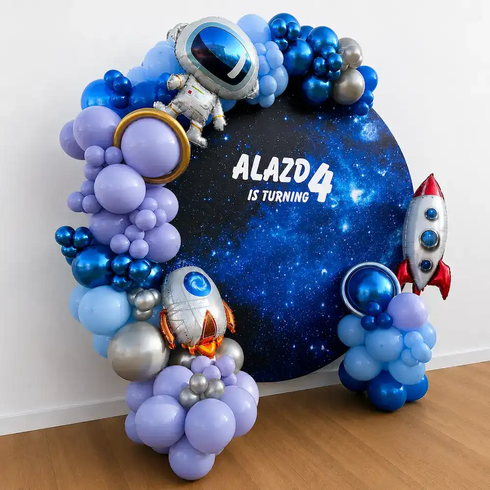 Space Theme Birthday Decoration with Blue Balloon Arch — photo 3