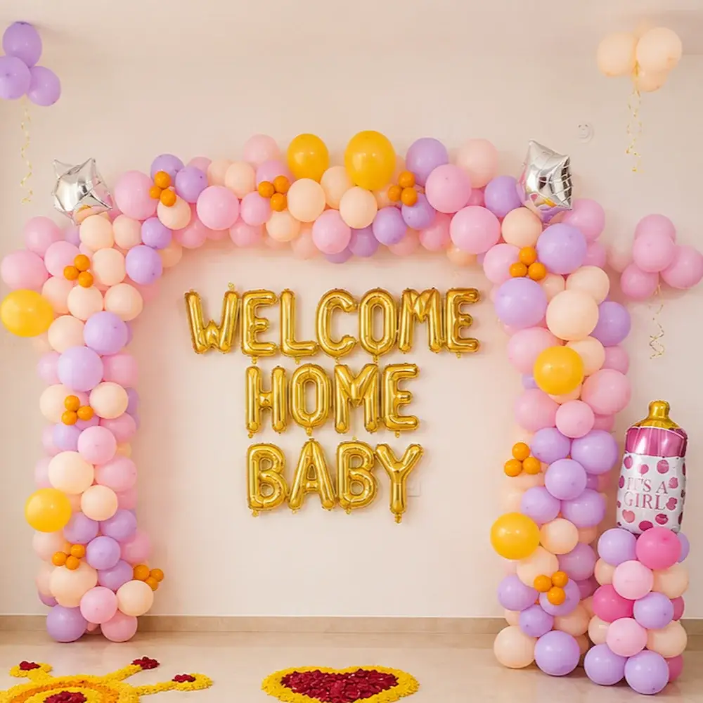 Welcome Baby Girl Decoration with Pastel Balloon Arch and Flower — photo 3