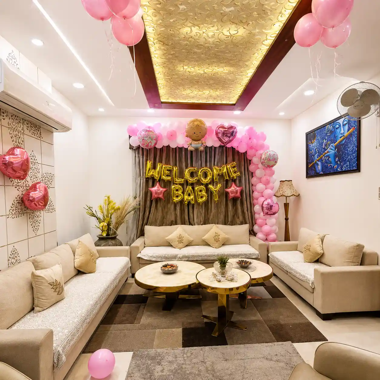 Pink White Balloon Decoration for Baby Welcome with balloon arch of 170 balloons on wall — photo 2